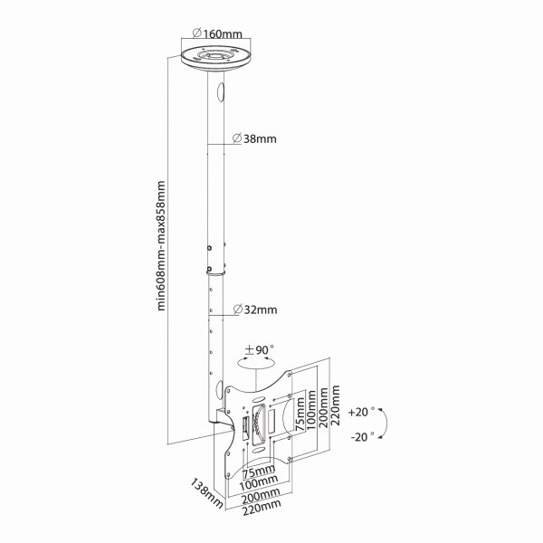Sbox CPLB-28S 23"-43" VESA 200x200 dönthető, forgatható mennyezeti fali konzol