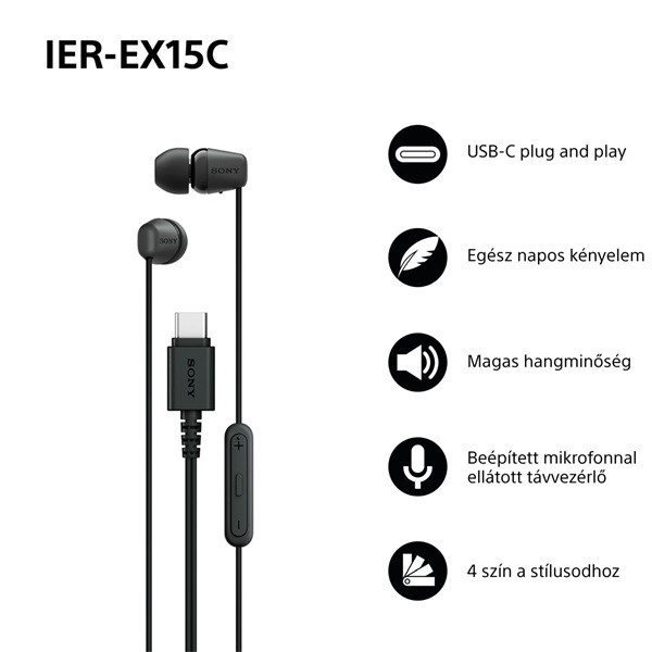 Sony IEREX15CB.CE7 USB Type-C vezetékes mikrofonos fekete fülhallgató