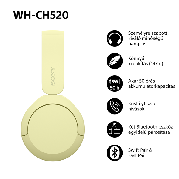 Sony WH-CH520 Bluetooth sárga fejhallgató