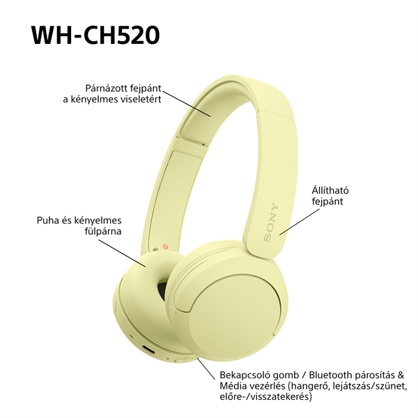 Sony WH-CH520 Bluetooth sárga fejhallgató