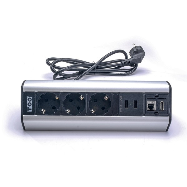 TOO DPS-114-3S IP20,3x 2P+F,2x USB-A,RJ45,HDMI, ezüst, asztalra rögzíthető elosztó TOO DPS-114-3S IP20,3x 2P+F,2x USB-A,RJ45,HDMI, ezüst, asztalra rögzíthető elosztó