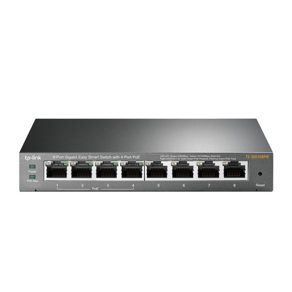 TP-Link TL-SG108PE 8port GbE LAN 4x PoE menedzselhető asztali Switch TP-Link TL-SG108PE 8port GbE LAN 4x PoE menedzselhető asztali Switch