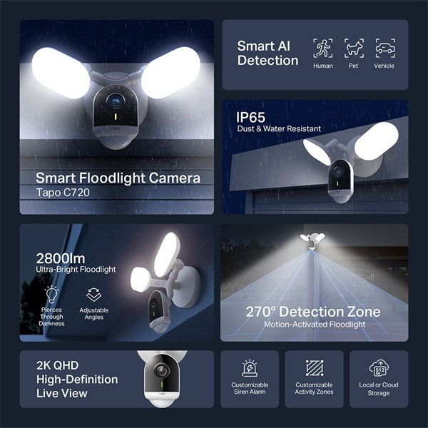 TP-Link Tapo C720 2K QHD, IP65, NightVision fényszórós fehér biztonsági kamera