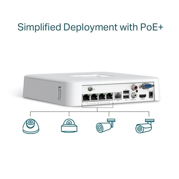 TP-Link VIGI NVR1104H-4P /4 csatorna/H265/80Mbps rögzítés/1x SATA/4x PoE+ hálózati rögzítő (NVR)