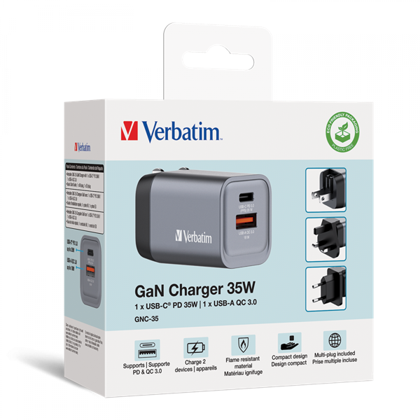 Verbatim 32200 GNC-35 GaN Charger 35W USB Type-A + Type-C hálózati töltő adapter