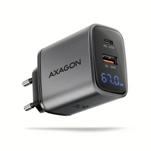 Axagon ACU-PQ67D PD3.0 & QC4+ 2× OUTPUTS, LCD kijelzővel és két kimenettel (USB-A + USB-C) 67WGaN hálózati töltő