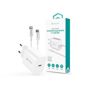 Devia ST109568 Smart Series 30W GaN PD+QC fehér hálózati gyorstöltő adapter + Type-C/Lightning kábel