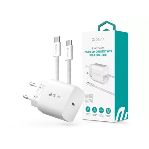 Devia ST399800 Smart Series 30W GaN PD+QC fehér hálózati gyorstöltő adapter + Type-C/Type-C kábel