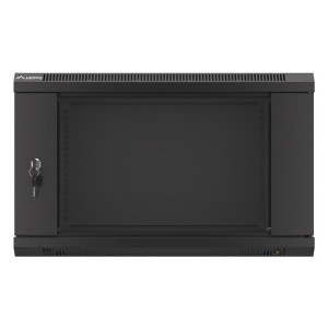 Lanberg WF01-6406-10B 19" 6U SZÉL:600 MÉLY:450 MAG:379 lapraszerelt üvegajtós fekete fali rack szekrény