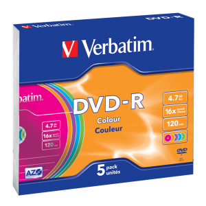 VERBATIM 43557 DVD-R 4,7GB/16x/színes írható felület/egyszer írható DVD 5db/csomag
