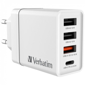 Verbatim 49701 CHR-30EU2 USB 30W 1xUSB-C PD 20W/1xUSB-A QC 3.0/2xUSB-A 10W fehér hálózati töltő
