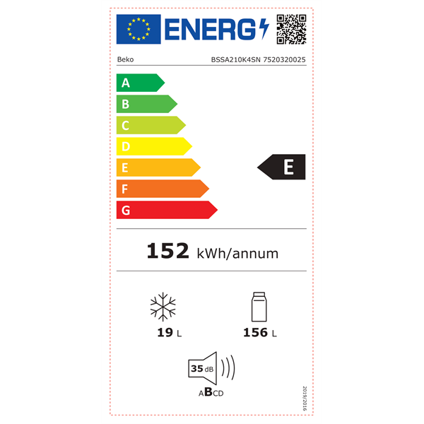 Beko BSSA210K4SN beépíthető egyajtós hűtőszekrény