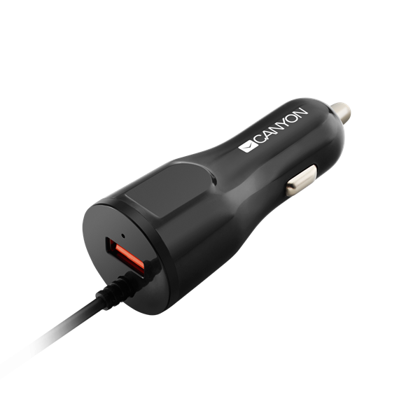 Canyon Autós Töltő, 1 portos, 1xUSB, 5V-2,4A, Beépített Lightning kábellel, fekete - CNE-CCA033B
