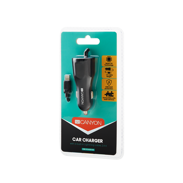 Canyon Autós Töltő, 1 portos, 1xUSB, 5V-2,4A, Beépített Lightning kábellel, fekete - CNE-CCA033B