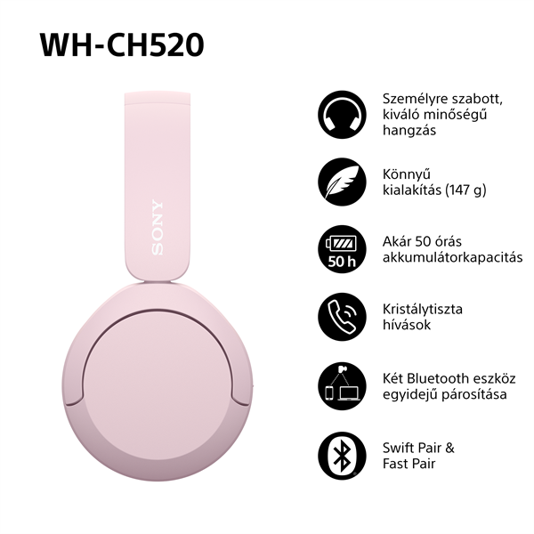 Sony WH-CH520 Bluetooth rózsaszín fejhallgató