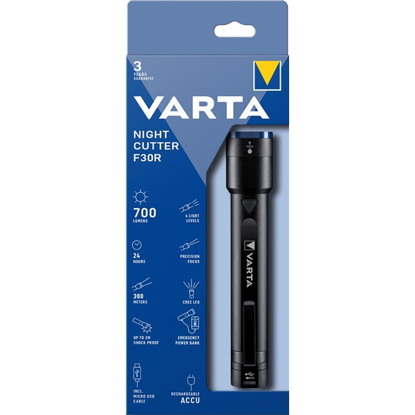 Varta 18901101111 hordozható Night Cutter F30R 2600mAh powerbank+IPX4 elemlámpa